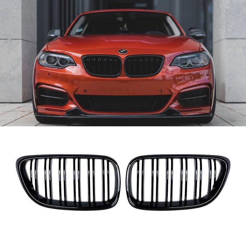 Kidney Grilles for 2014-19 BMW 2-Series F22/F23 (Gloss Black Dual Slat) - Galaxy Auto